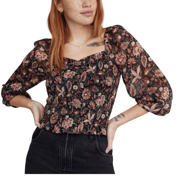 Madewell Lucie Floral Smocked Top Sheer Sleeves Crop Size L NWT - Picture 2 of 11